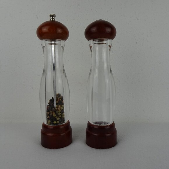 Vintage Clear Acrylic & Wood Pepper Mill And Salt Shaker Set 10" - Picture 2 of 7
